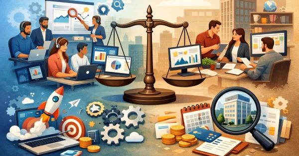 Digital Marketing Agency vs in-house team comparison with balanced scale, analytics dashboards, and strategy collaboration.