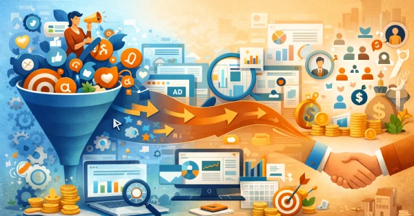 Performance Marketing funnel illustration showing traffic flow, analytics dashboards, conversions, and ROI growth with coins and target icons.